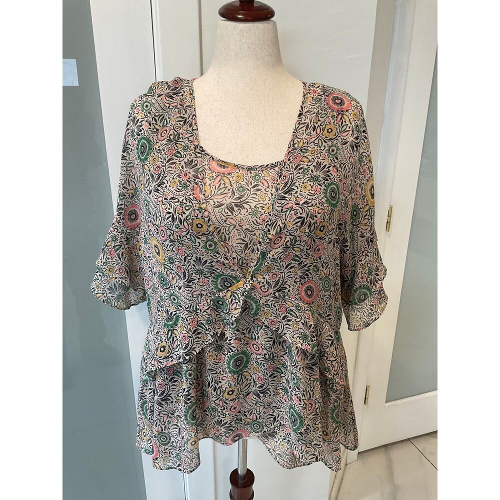 CAbi Floral Scoop Neck Peplum Blouse in Cream, Green, Pink, Yellow